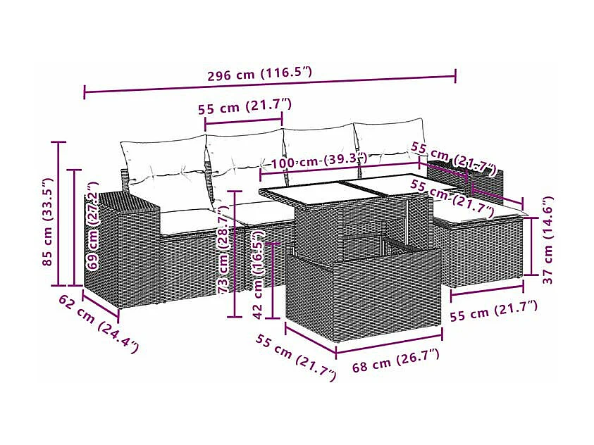 Salon de jardin 6 pcs avec coussins gris résine tressée