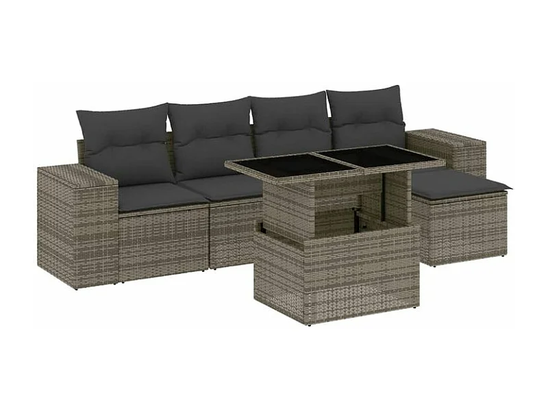 Salon de jardin 6 pcs avec coussins gris résine tressée