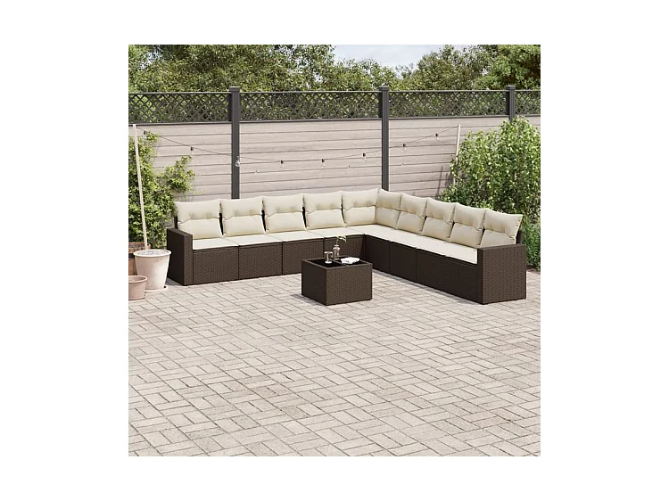 Salon de jardin 10 pcs avec coussins marron résine tressée