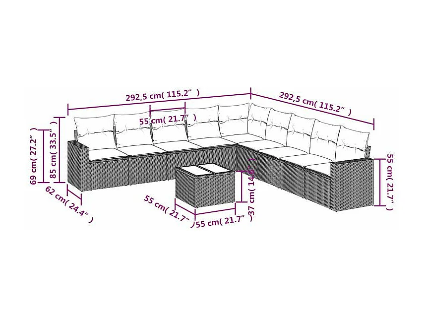 Salon de jardin 10 pcs avec coussins marron résine tressée