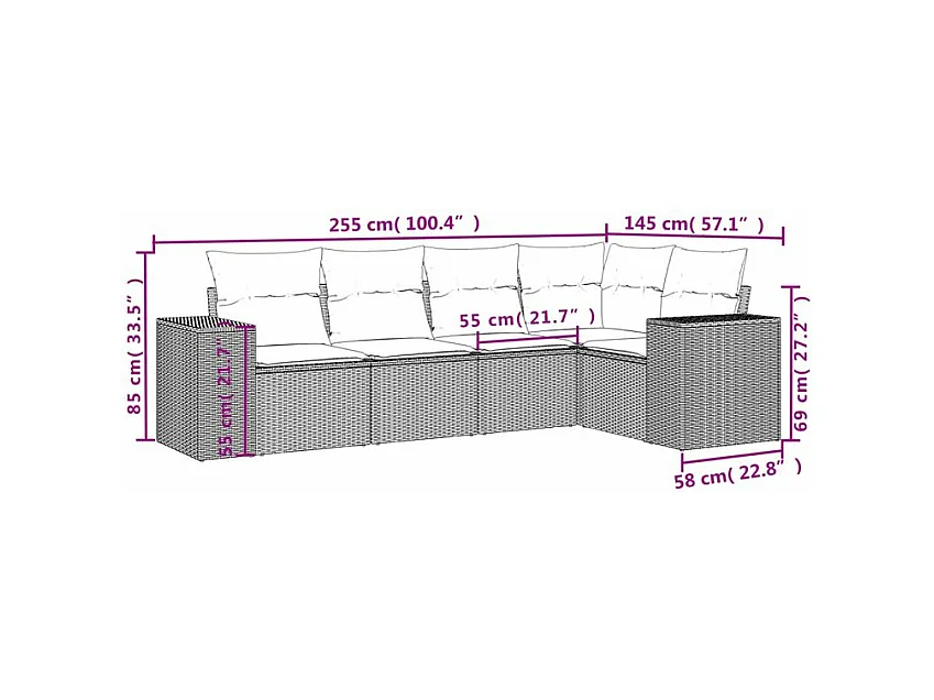 Salon de jardin avec coussins 5 pcs marron résine tressée