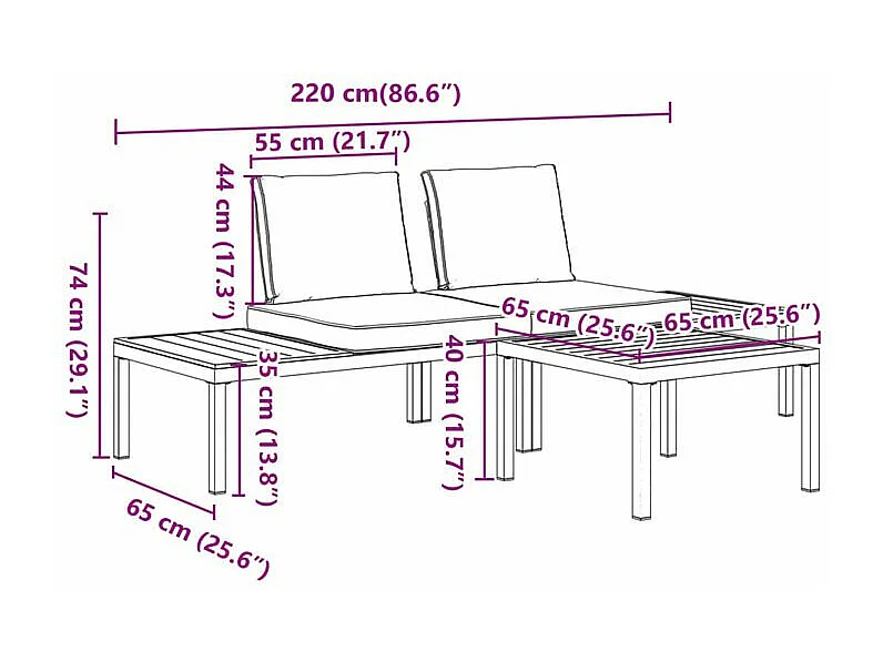 Salon de jardin 3 pcs avec coussins noir aluminium