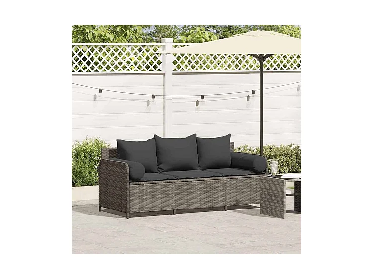 Canapé de jardin avec coussins 3 places gris résine tressée