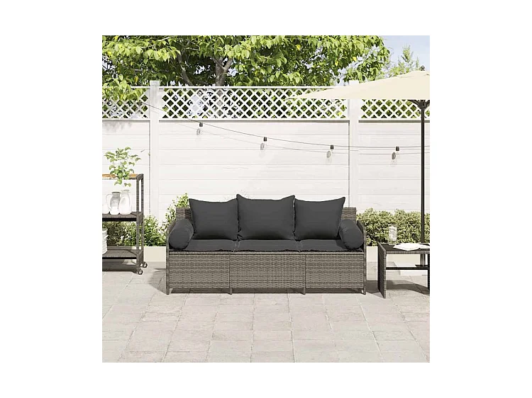 Canapé de jardin avec coussins 3 places gris résine tressée