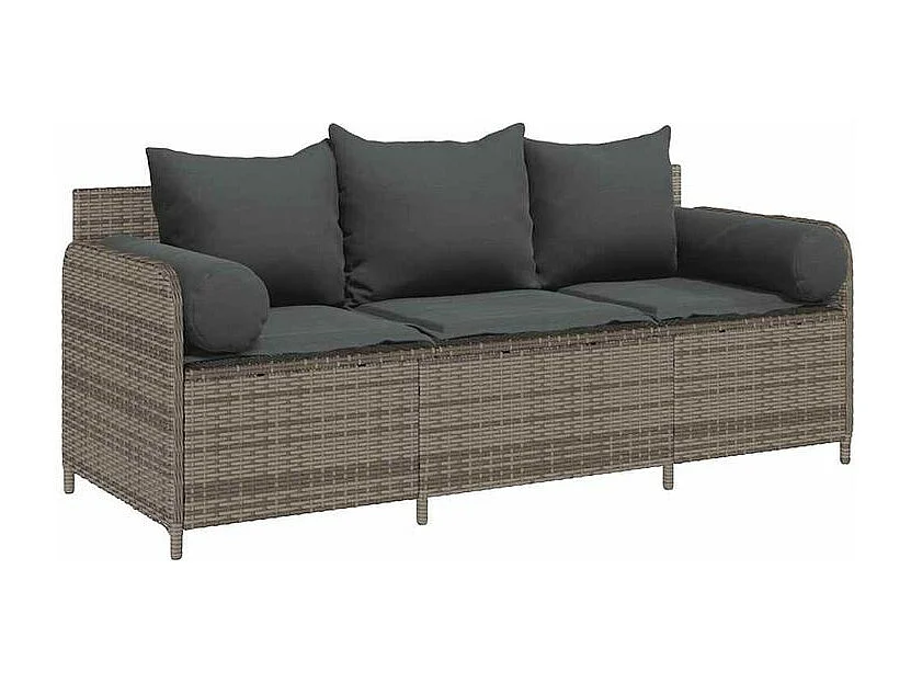 Canapé de jardin avec coussins 3 places gris résine tressée