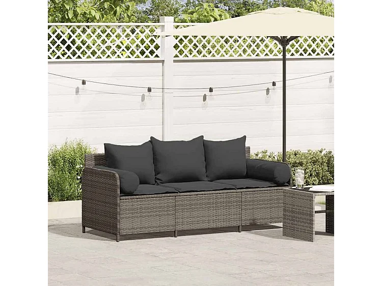 Canapé de jardin avec coussins 3 places gris résine tressée
