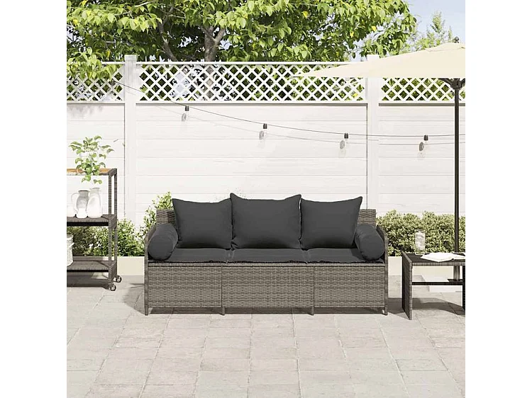 Canapé de jardin avec coussins 3 places gris résine tressée