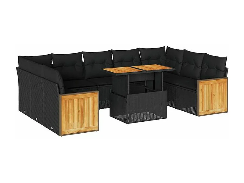 Salon de jardin 10 pcs avec coussins noir résine tressée acacia