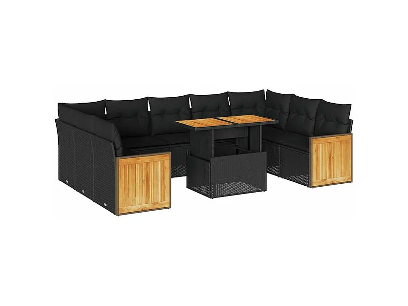 Salon de jardin 10 pcs avec coussins noir résine tressée acacia
