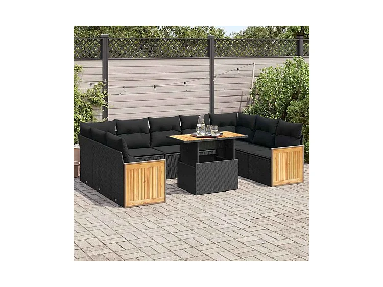 Salon de jardin 10 pcs avec coussins noir résine tressée acacia