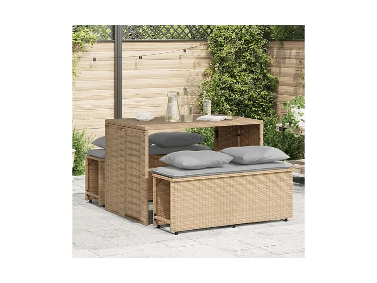 Ensemble à manger de jardin et coussins 3 pcs Beige poly rotin