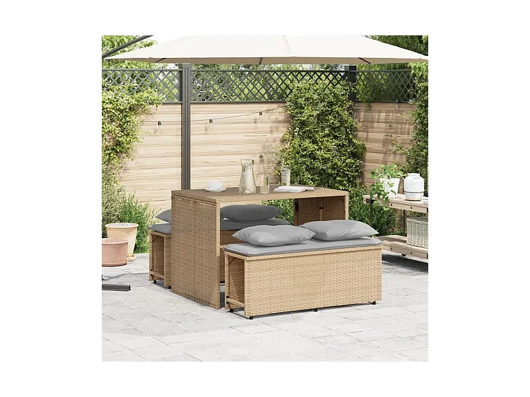 Ensemble à manger de jardin et coussins 3 pcs Beige poly rotin