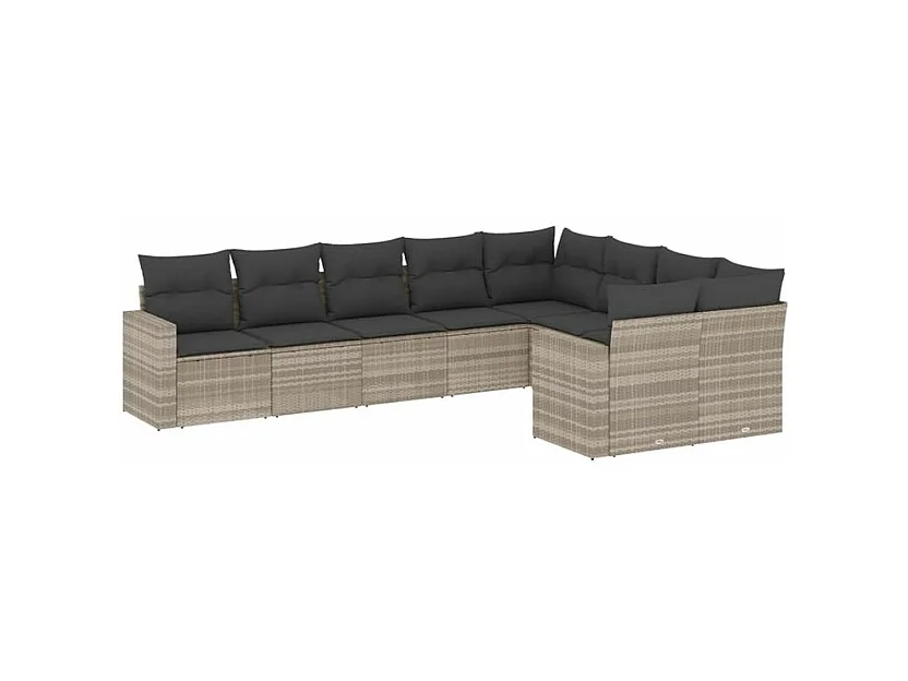 Salon de jardin 9 pcs avec coussins gris clair résine tressée