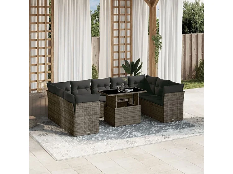 Salon de jardin avec coussins 10 pcs gris résine tressée