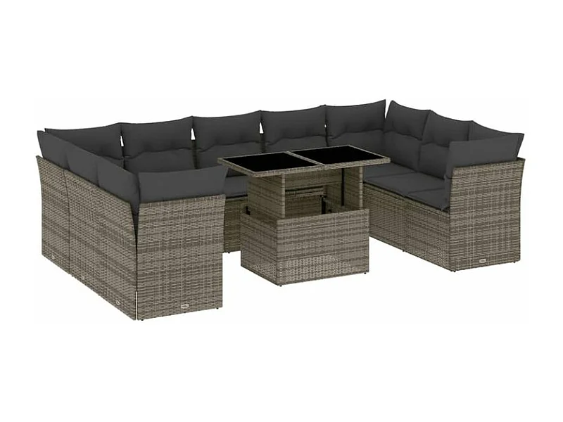 Salon de jardin avec coussins 10 pcs gris résine tressée