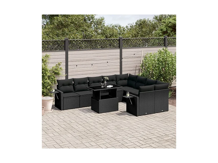 Salon de jardin 10 pcs avec coussins noir résine tressée