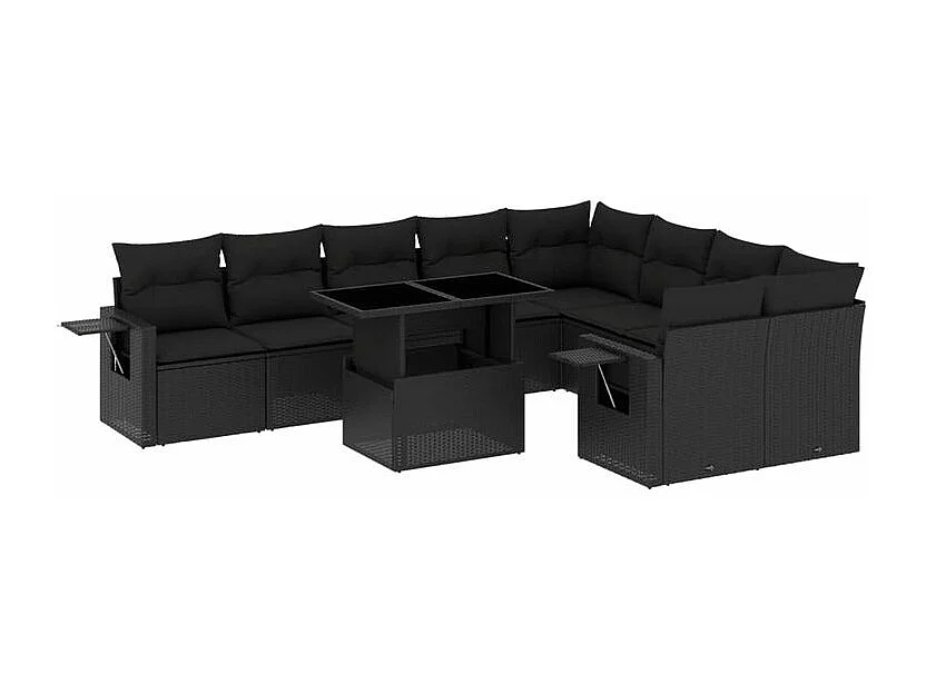 Salon de jardin 10 pcs avec coussins noir résine tressée
