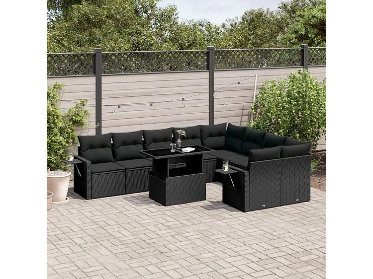 Salon de jardin 10 pcs avec coussins noir résine tressée