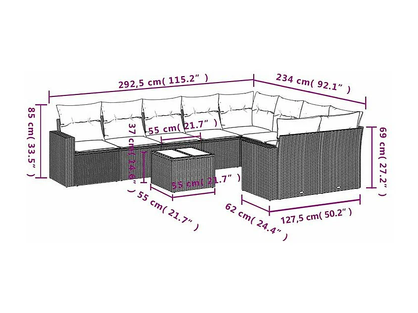 Salon de jardin 10 pcs avec coussins marron résine tressée