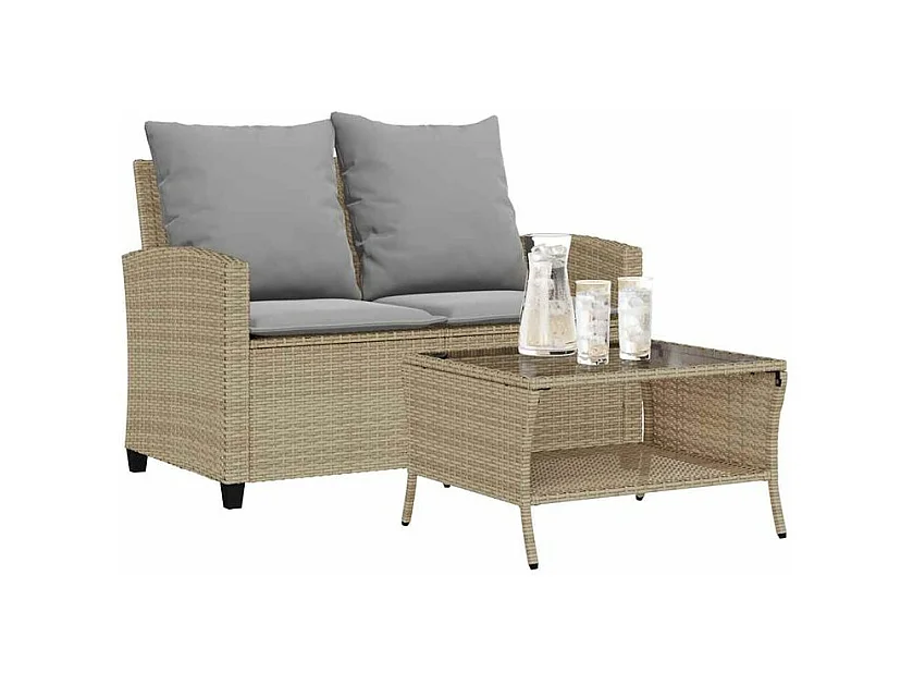 Canapé de jardin 2places coussins et table beige résine tressée