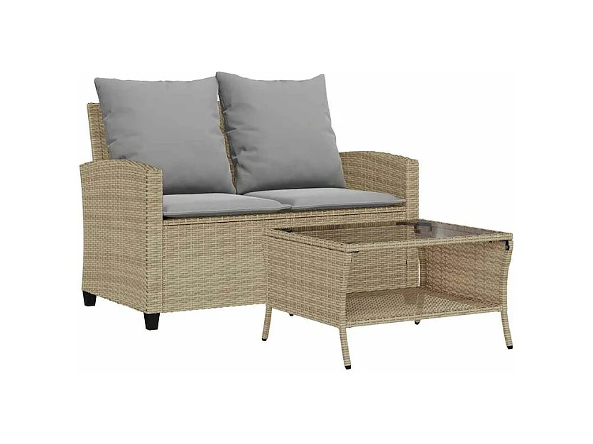 Canapé de jardin 2places coussins et table beige résine tressée