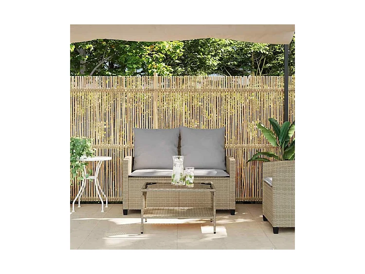 Canapé de jardin 2places coussins et table beige résine tressée