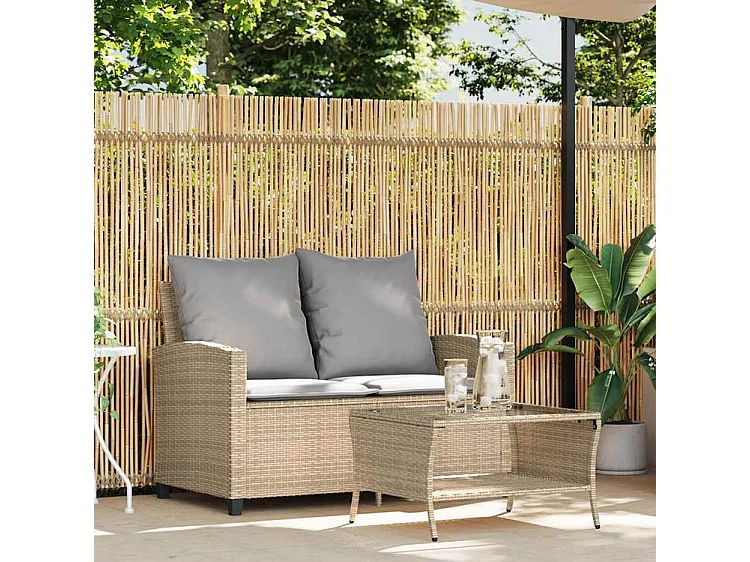 Canapé de jardin 2places coussins et table beige résine tressée