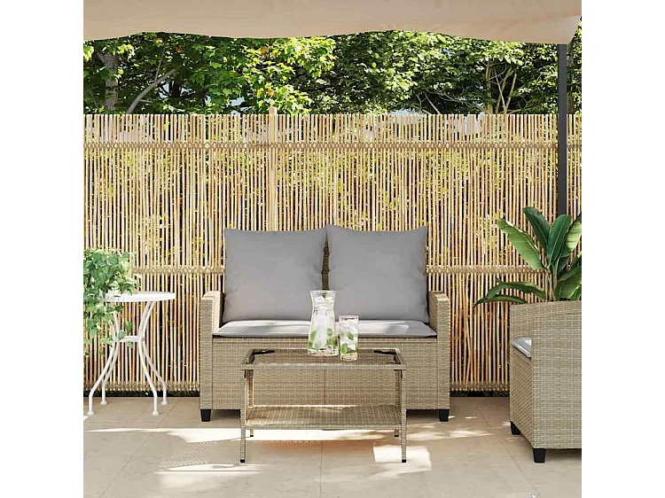 Canapé de jardin 2places coussins et table beige résine tressée