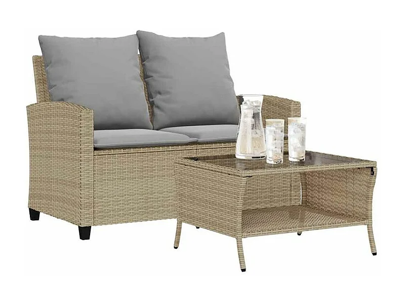 Canapé de jardin 2places coussins et table beige résine tressée