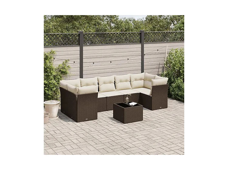 Salon de jardin 8 pcs avec coussins marron résine tressée