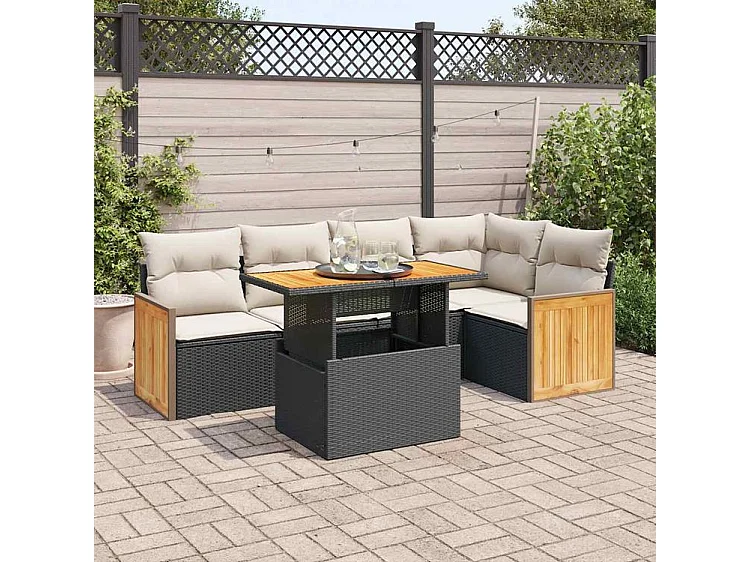 Salon de jardin 6 pcs avec coussins noir résine tressée acacia