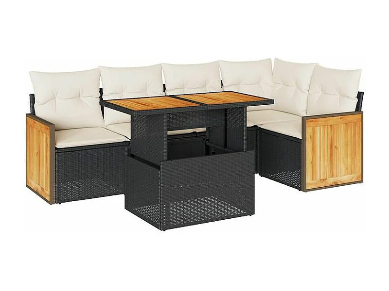 Salon de jardin 6 pcs avec coussins noir résine tressée acacia