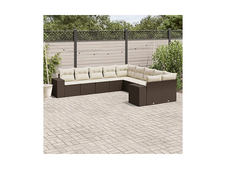 Salon de jardin 10 pcs avec coussins marron résine tressée