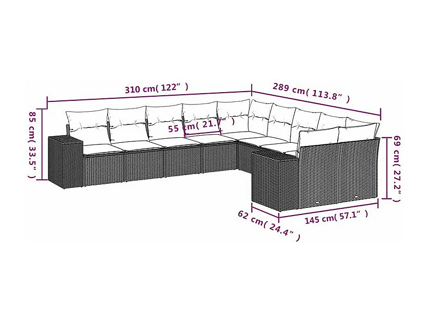 Salon de jardin 10 pcs avec coussins marron résine tressée