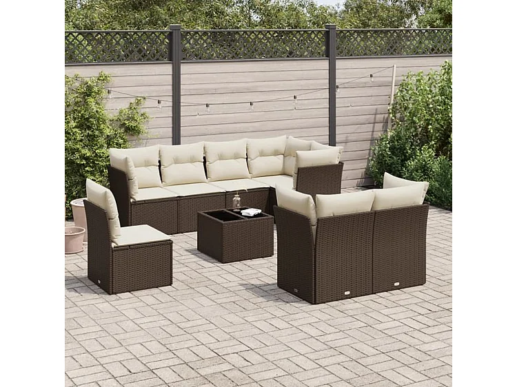 Salon de jardin avec coussins 9 pcs marron résine tressée