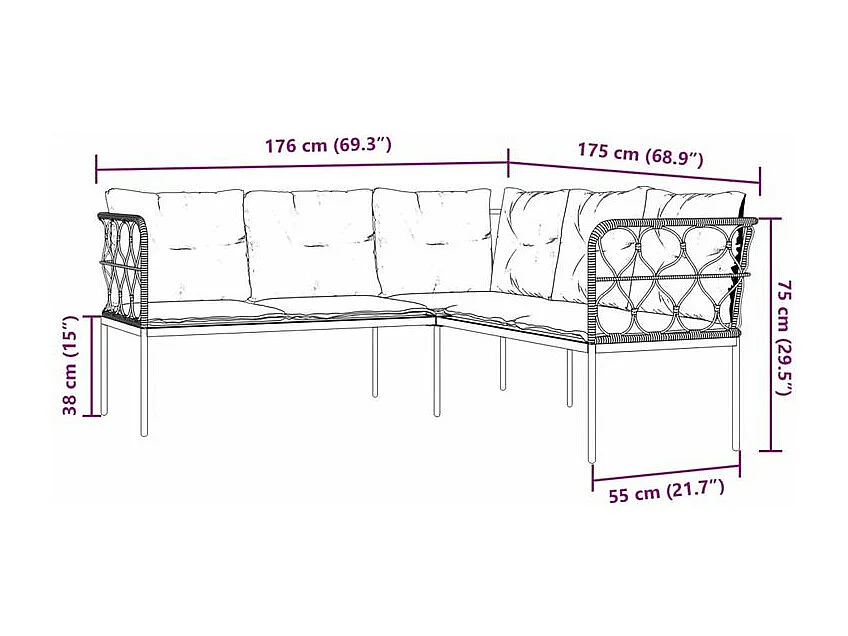 Canapé de jardin avec coussins forme de L noir acier textilène