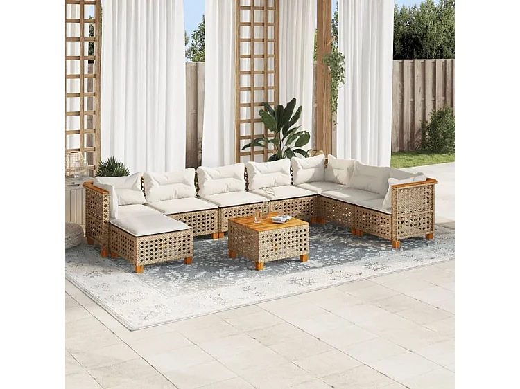 Salon de jardin avec coussins 9 pcs beige résine tressée