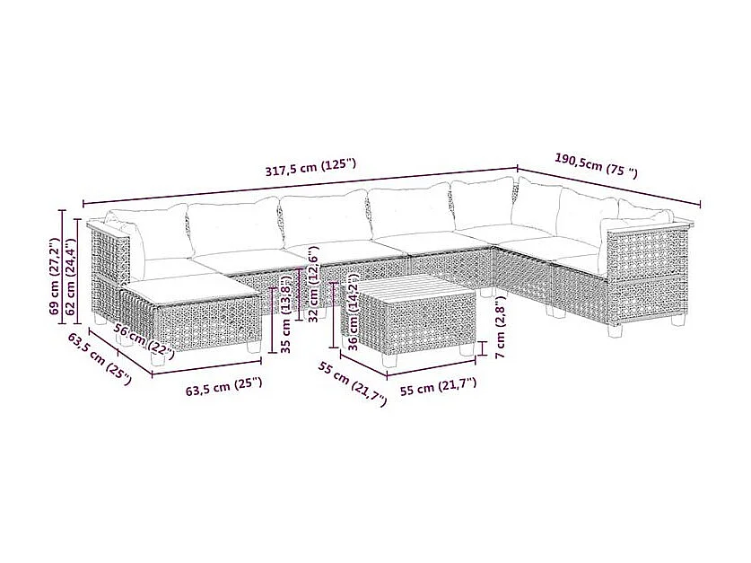 Salon de jardin avec coussins 9 pcs beige résine tressée