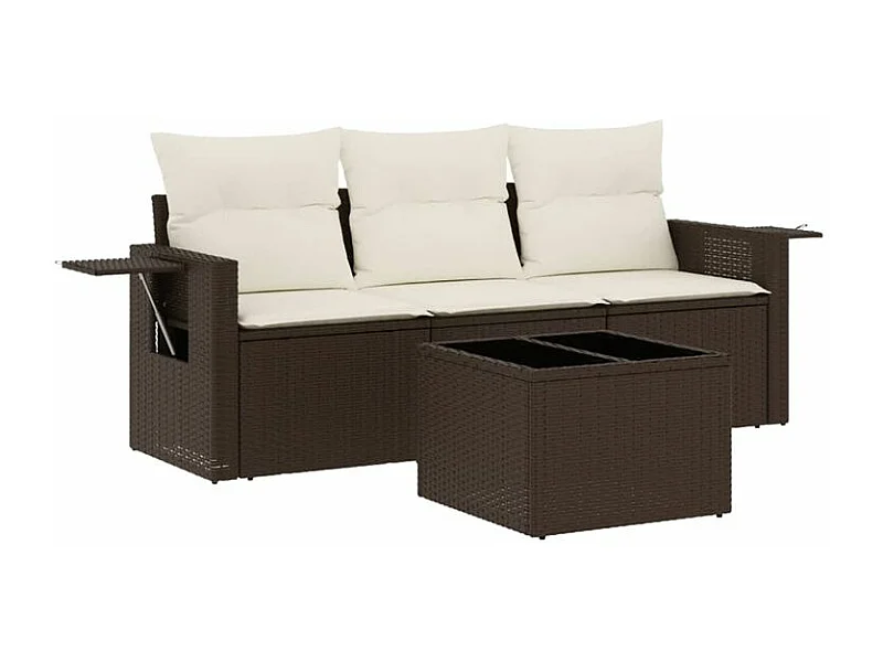 Salon de jardin 4 pcs avec coussins marron résine tressée