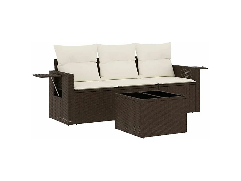 Salon de jardin 4 pcs avec coussins marron résine tressée