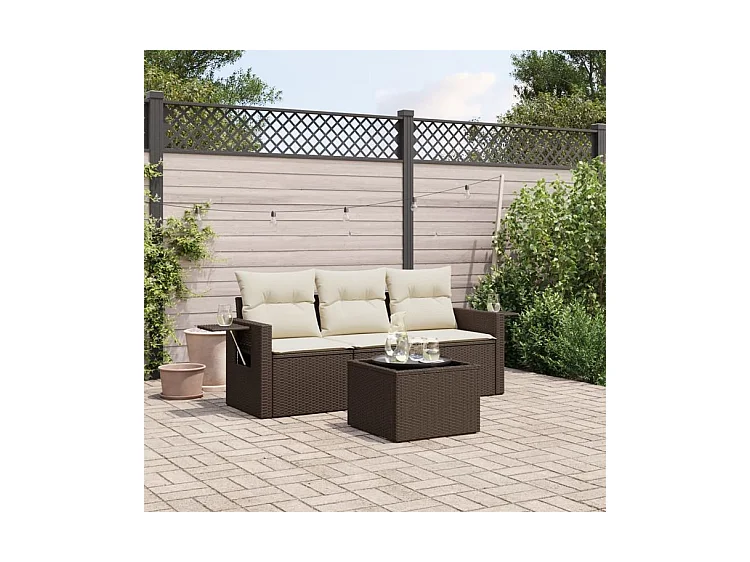 Salon de jardin 4 pcs avec coussins marron résine tressée