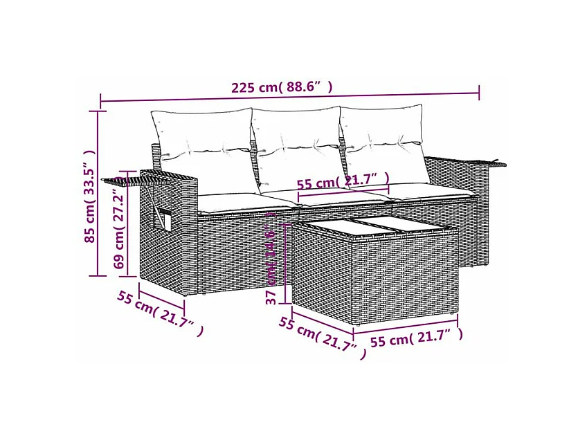 Salon de jardin 4 pcs avec coussins marron résine tressée