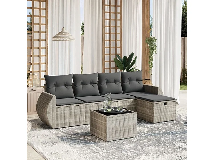 Salon de jardin 6 pcs avec coussins gris clair résine tressée