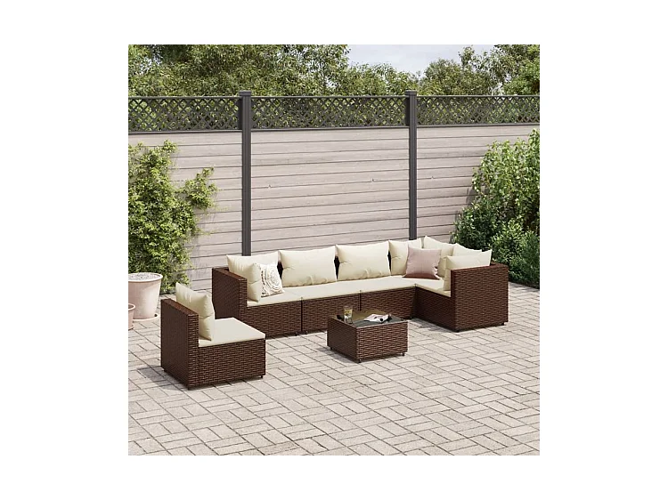 Salon de jardin avec coussins 7 pcs marron résine tressée
