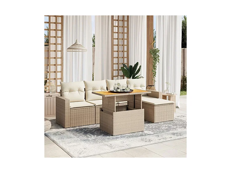 Salon de jardin avec coussins 6 pcs beige résine tressée