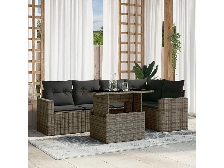 Salon de jardin 6 pcs avec coussins gris résine tressée