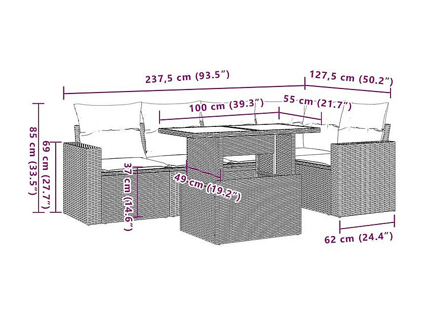 Salon de jardin 6 pcs avec coussins gris résine tressée