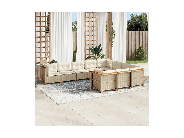 Salon de jardin avec coussins 10 pcs beige résine tressée