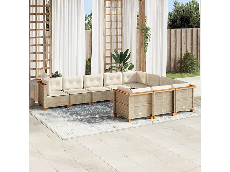 Salon de jardin avec coussins 10 pcs beige résine tressée
