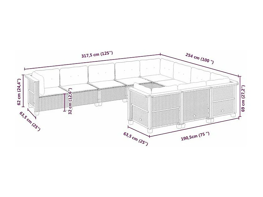 Salon de jardin avec coussins 10 pcs beige résine tressée